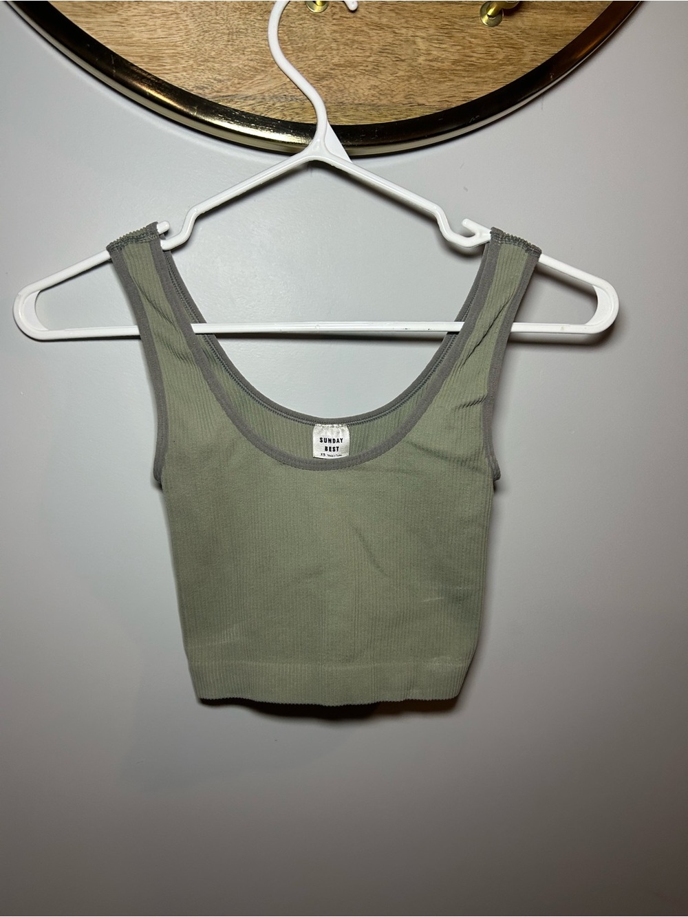 Sunday Best Olive Ribbed Crop Tank with Gray Trim